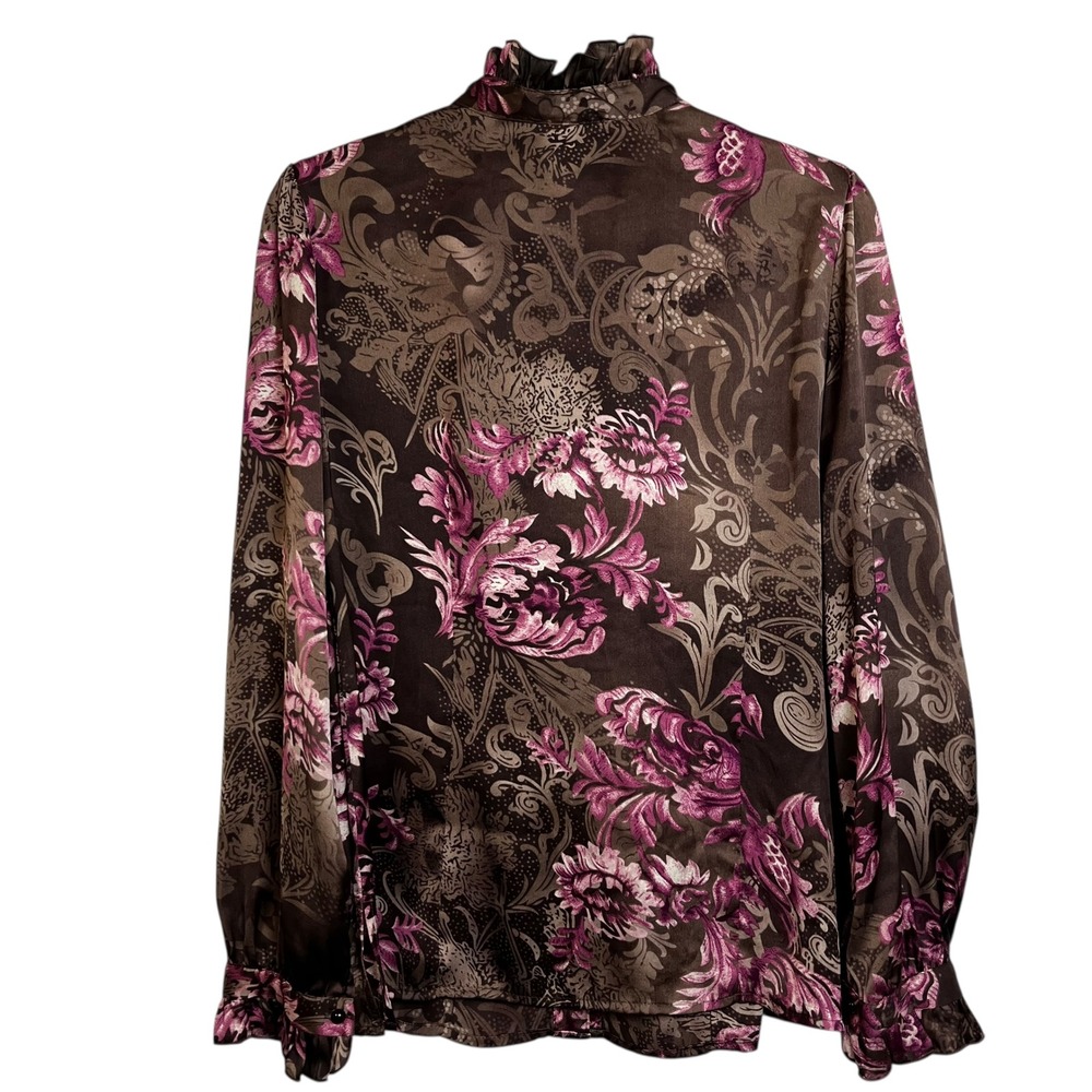 Agora Brown Floral Ruffle Collar Long Sleeve Blouse Size M Regency Cottagecore - Picture 8 of 9